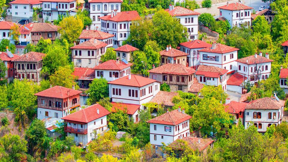 A hillside village with red-roofed houses surrounded by lush greenery.