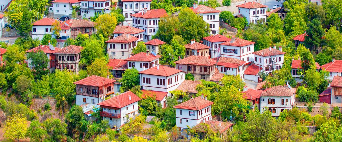 A hillside village with red-tiled roofs and white buildings, surrounded by lush greenery.