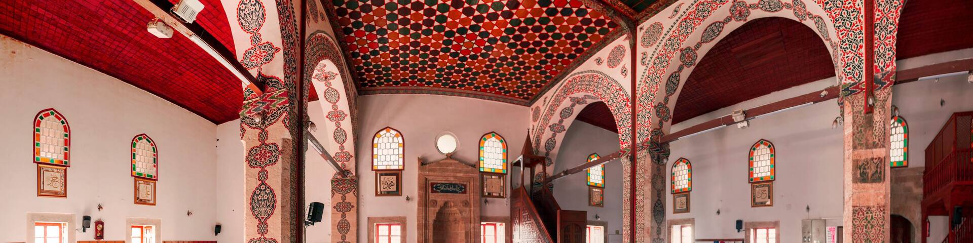 Tokat, Turkey, August 2021: Interior of the Tokat Ulu Mosque built by the Danes in the 12th century at the historical site of Sulu Sokak in Tokat and restored by Sultan Mehmed 4th in 1679