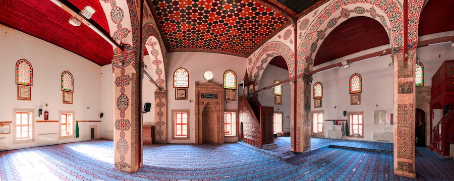 Tokat, Turkey, August 2021: Interior of the Tokat Ulu Mosque built by the Danes in the 12th century at the historical site of Sulu Sokak in Tokat and restored by Sultan Mehmed 4th in 1679