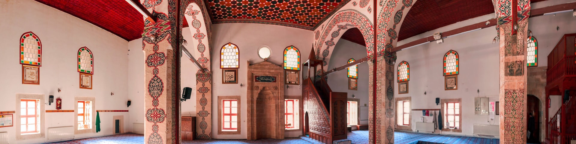 Tokat, Turkey, August 2021: Interior of the Tokat Ulu Mosque built by the Danes in the 12th century at the historical site of Sulu Sokak in Tokat and restored by Sultan Mehmed 4th in 1679