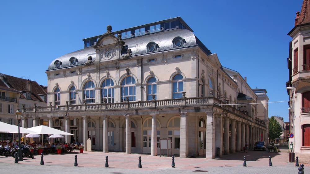 Historical Theater and city square with Café in Lons-le-Saunier town, France
