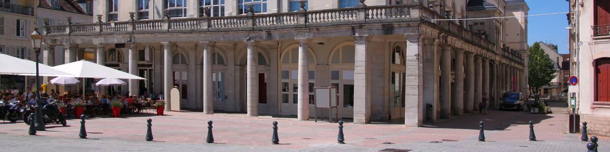 Historical Theater and city square with Café in Lons-le-Saunier town, France
