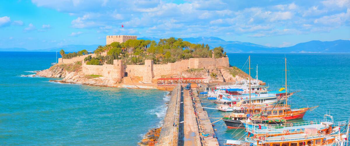 Pigeon Island with a "Pirate castle". Kusadasi harbor, Aegean coast of Turkey. M
