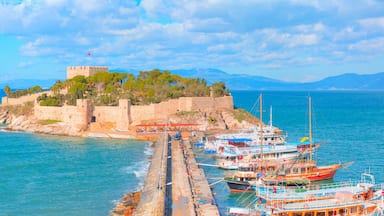 A coastal town with a historic castle on a hill, a pier with boats, and a clear blue sea.