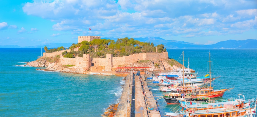 Pigeon Island with a "Pirate castle". Kusadasi harbor, Aegean coast of Turkey. M