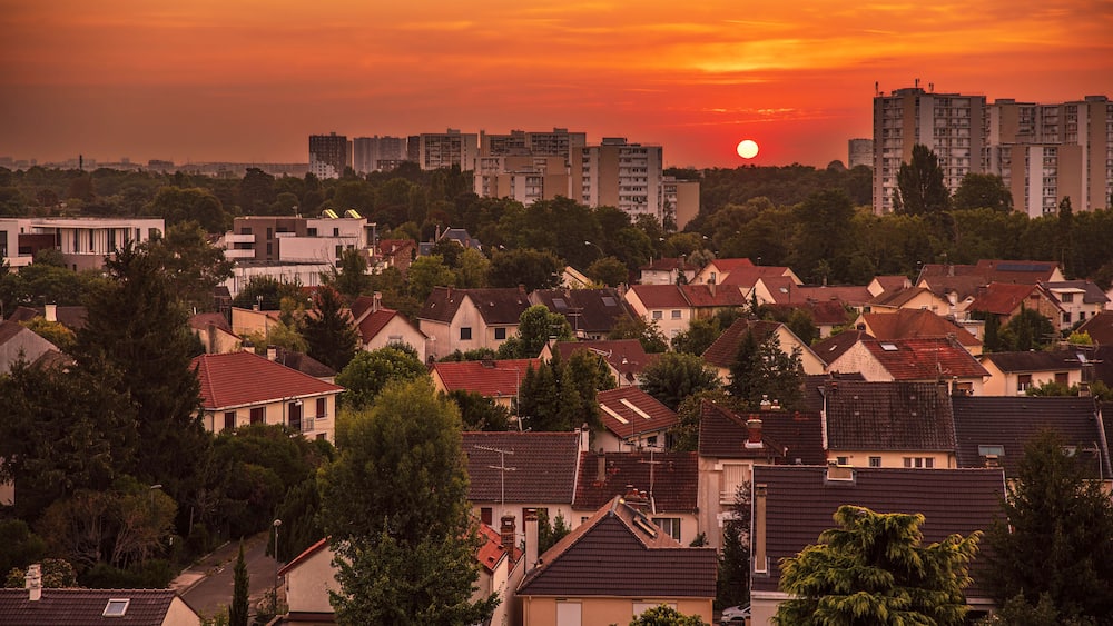 Red sky at sunrise over the town of Massy in the Essonne region of Ile de France