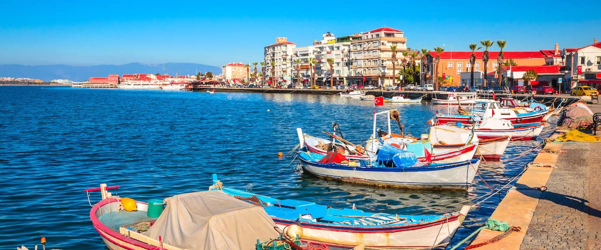 Beautiful sea landscape with boats in city Ayvalik, Turkey