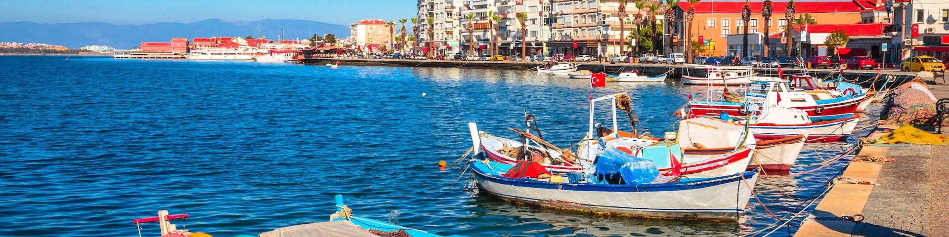 Beautiful sea landscape with boats in city Ayvalik, Turkey
