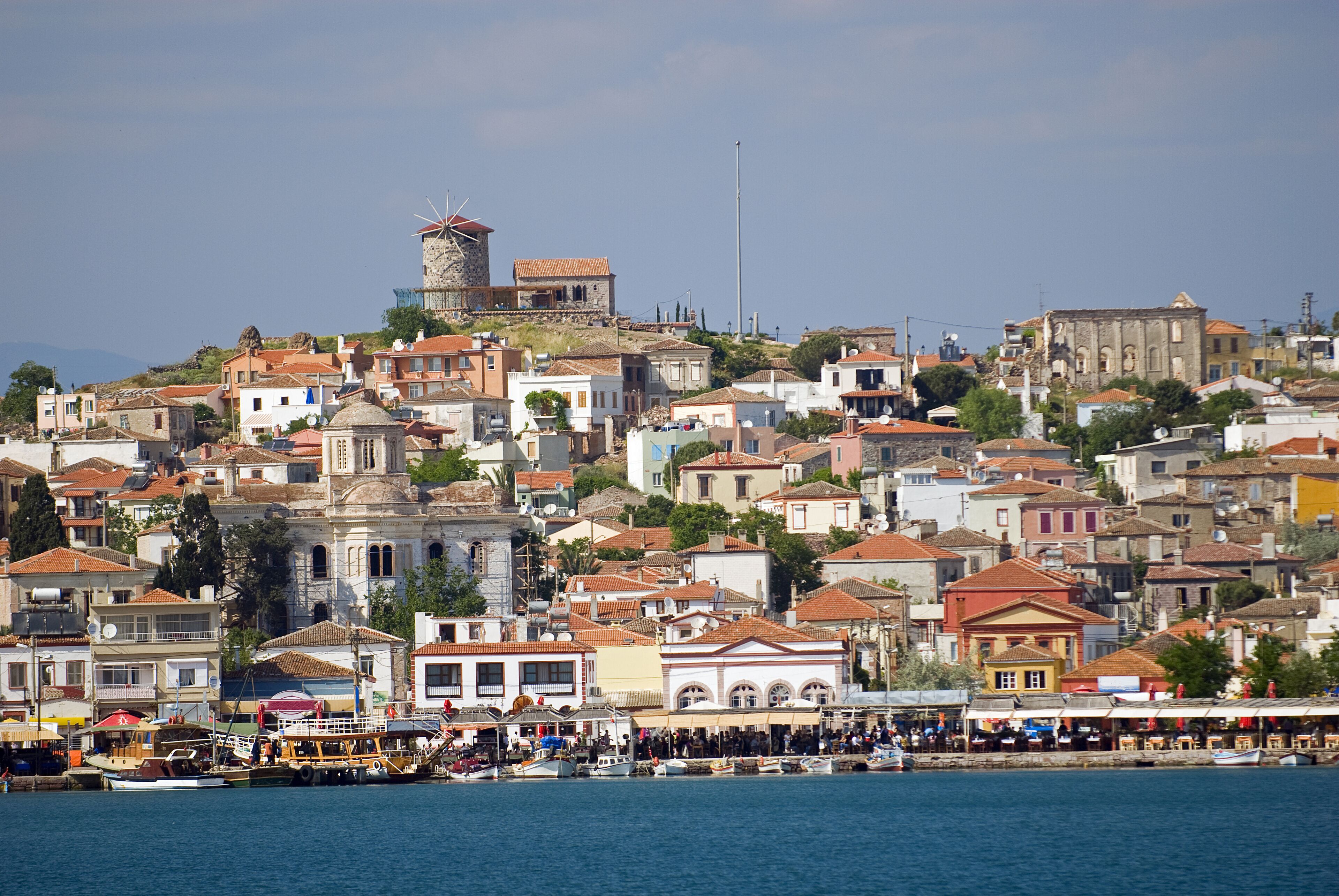 Scenic view of Cunda ( Alibey ) Island and waterfront restaurants, Ayvalik Turkey.