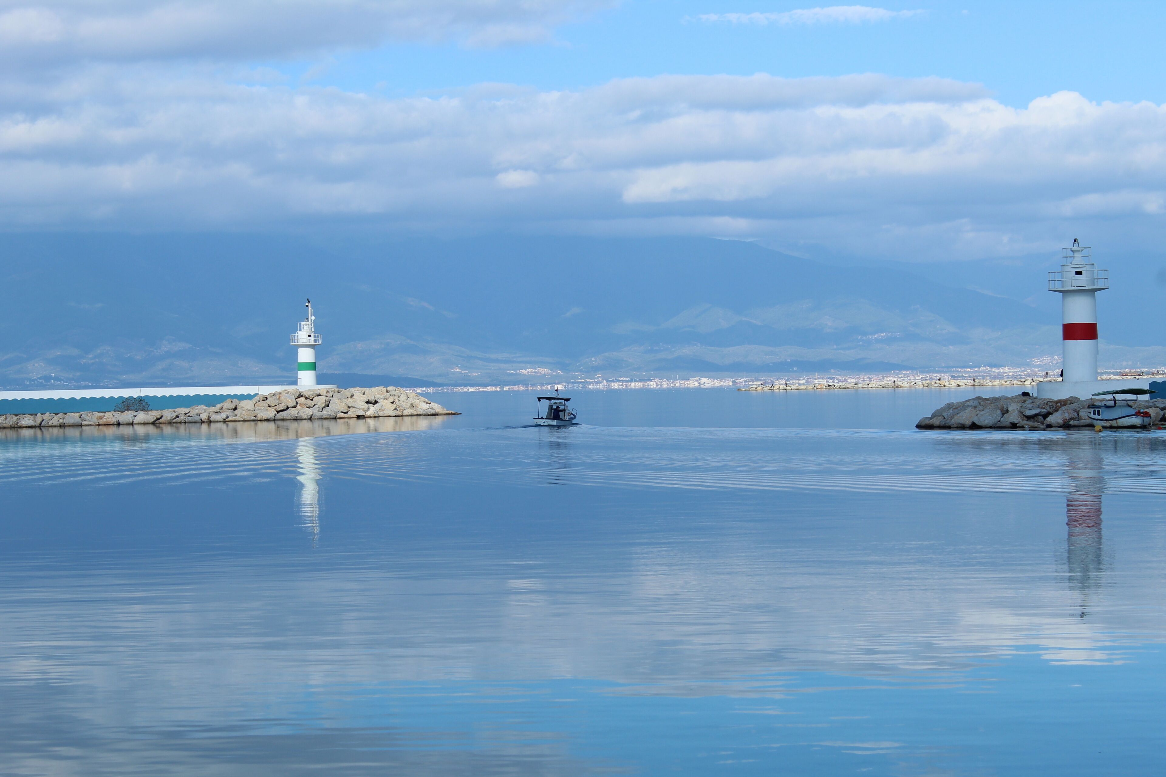 Coastline pier and light. Photo taken in iskele ören burhaniye aegean sea coast turkey anatolia asia. Fresh air calm warm open weather day in summer 2021