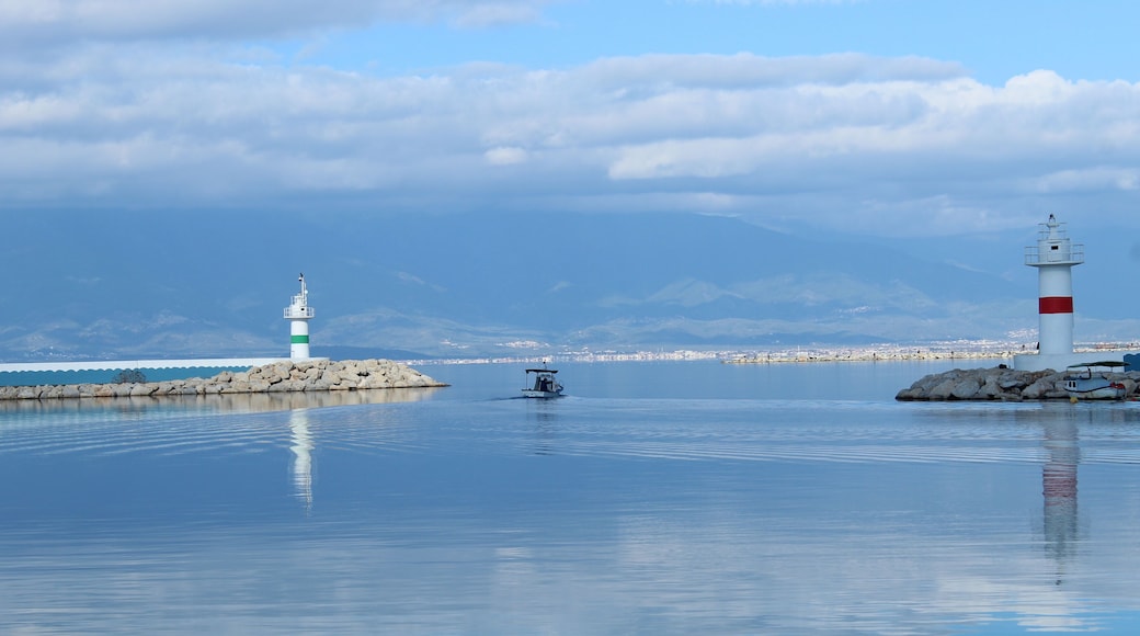 Coastline pier and light. Photo taken in iskele ören burhaniye aegean sea coast turkey anatolia asia. Fresh air calm warm open weather day in summer 2021