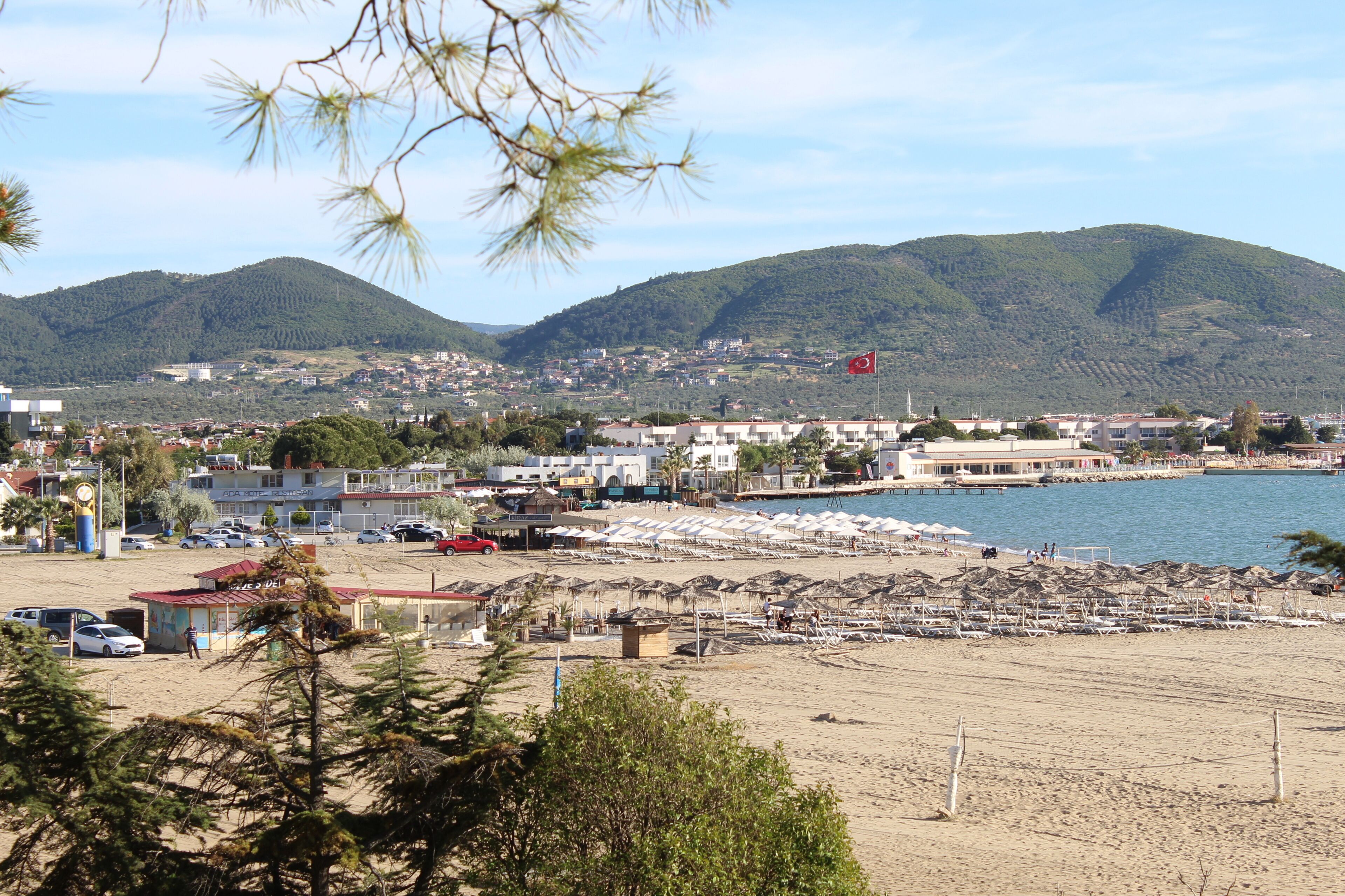 View from the Ören beach. Photo taken in adramytteion ören burhaniye town Aegean sea coast region Turkey anatolia asia. Calm warm weather day in summer 2021.