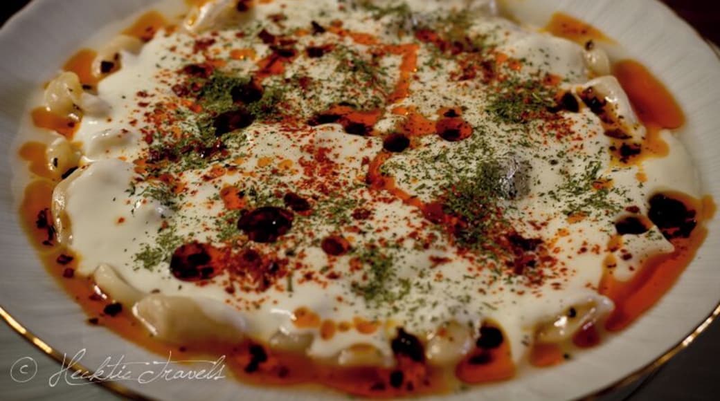 Turkish food is one of our favourites, and this dish of manti beats them all. A small ravioli type pasta (filled with spiced meat), covered in a yogurt sauce with chili oil and dill.
We enjoyed it in many places throughout Turkey, but it was in the small town of Burhaniye in the northwest where it was the very best.