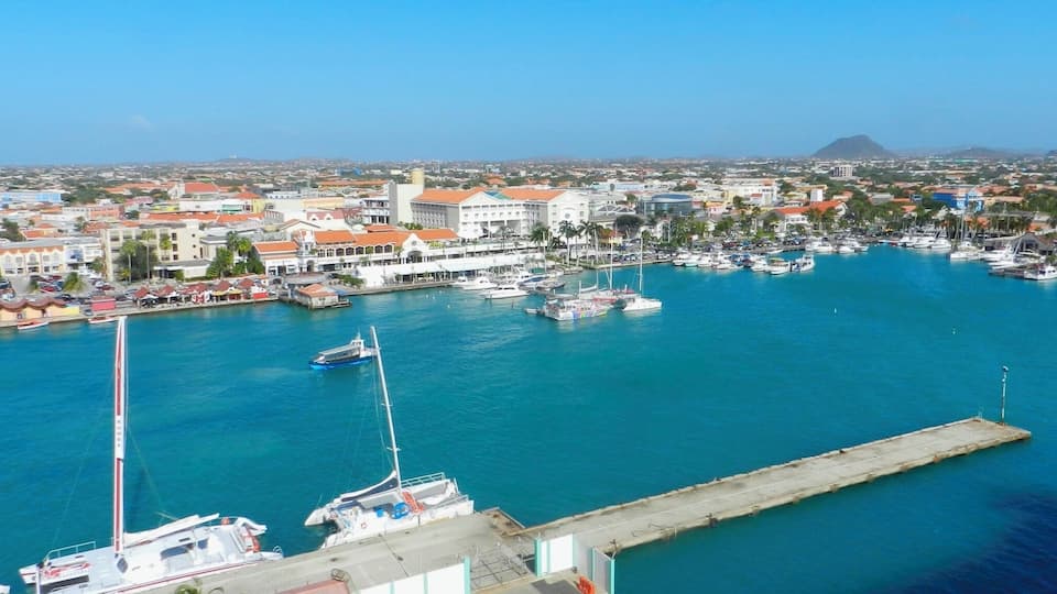 View of Oranjestad's harbor from the top deck of our ship. Took this photo just before spending the day ashore.