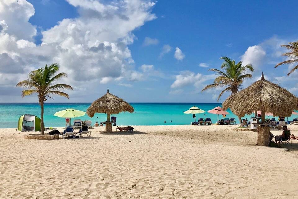 A beach with palm trees, thatched umbrellas, and clear turquoise water.