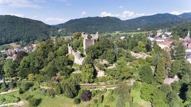 A historic castle surrounded by lush greenery and a small village with a church.