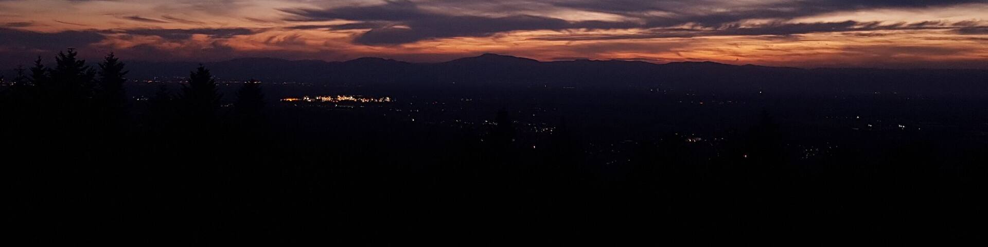 Forests and sunsets with incredible views. Still getting used to being able to see another country from my window. As the sun sets over the French mountains I sit here in Germany and watch the lights of a French town flickering like fire.