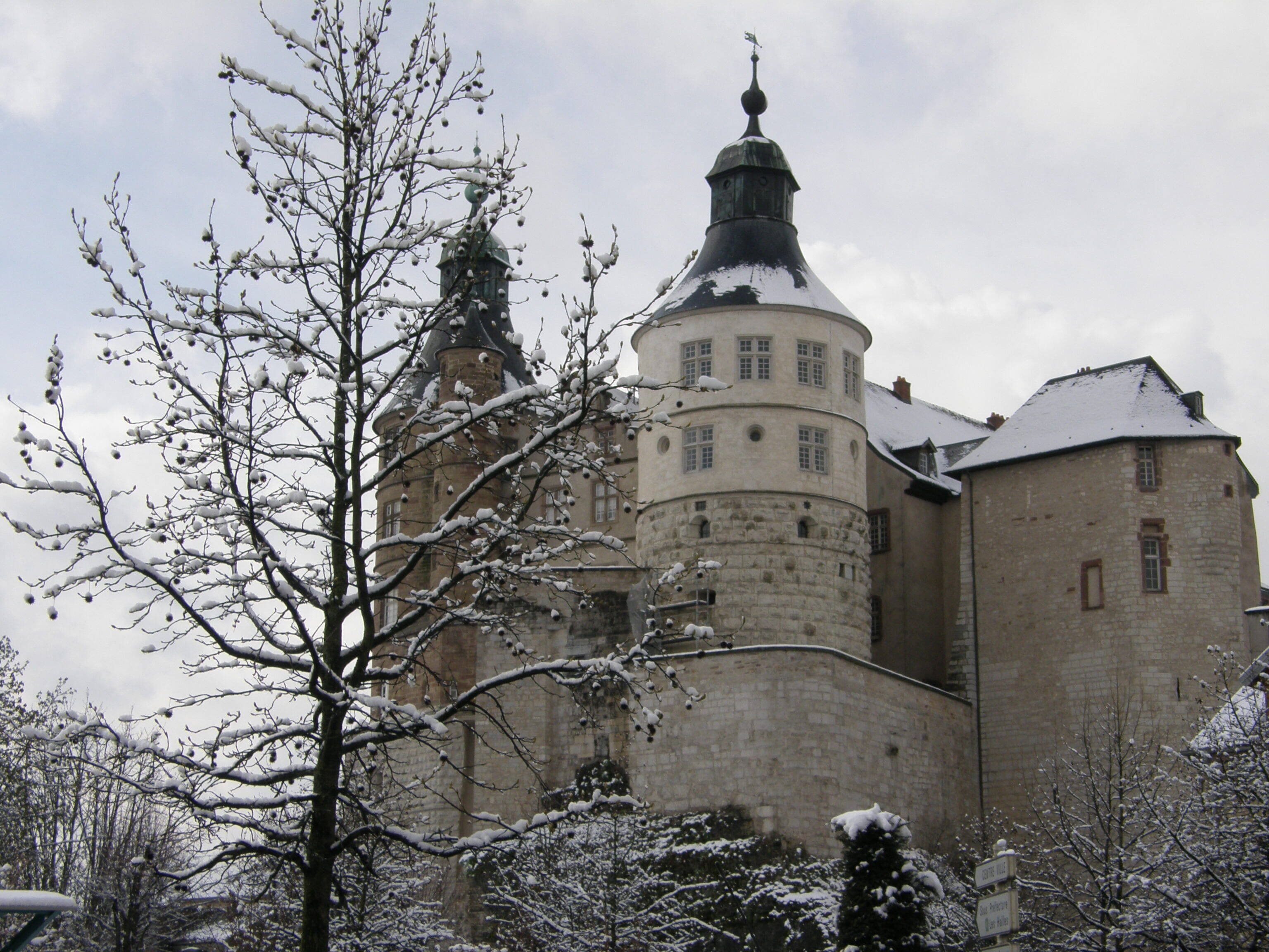 A historic stone castle with a snow-covered tower and surrounding trees.