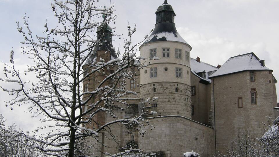 A historic stone castle with a snow-covered tower and surrounding trees.