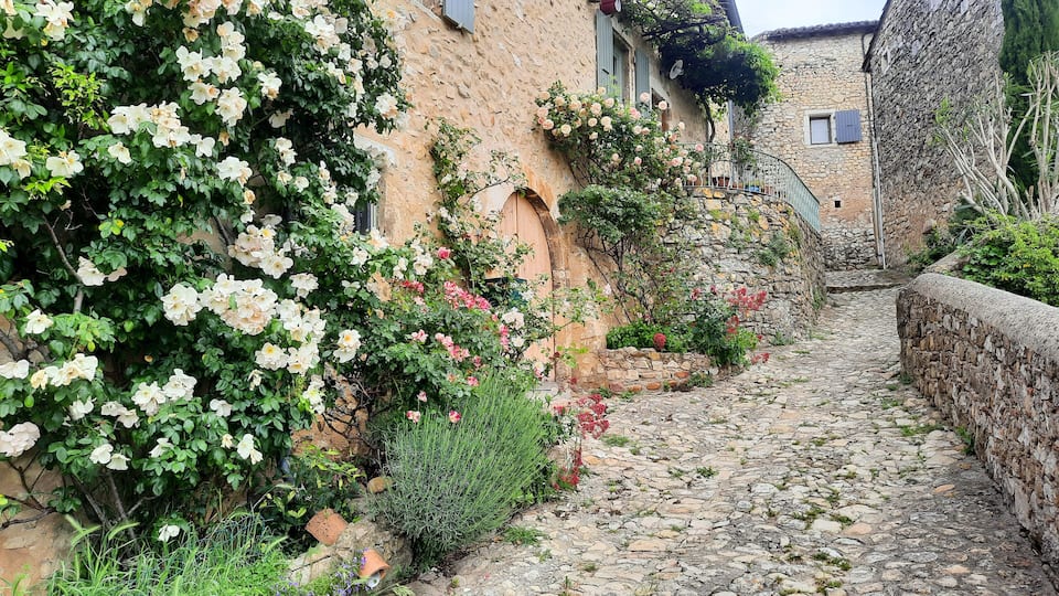 A cobblestone alley flanked by stone buildings with flowering vines and a stone wall.