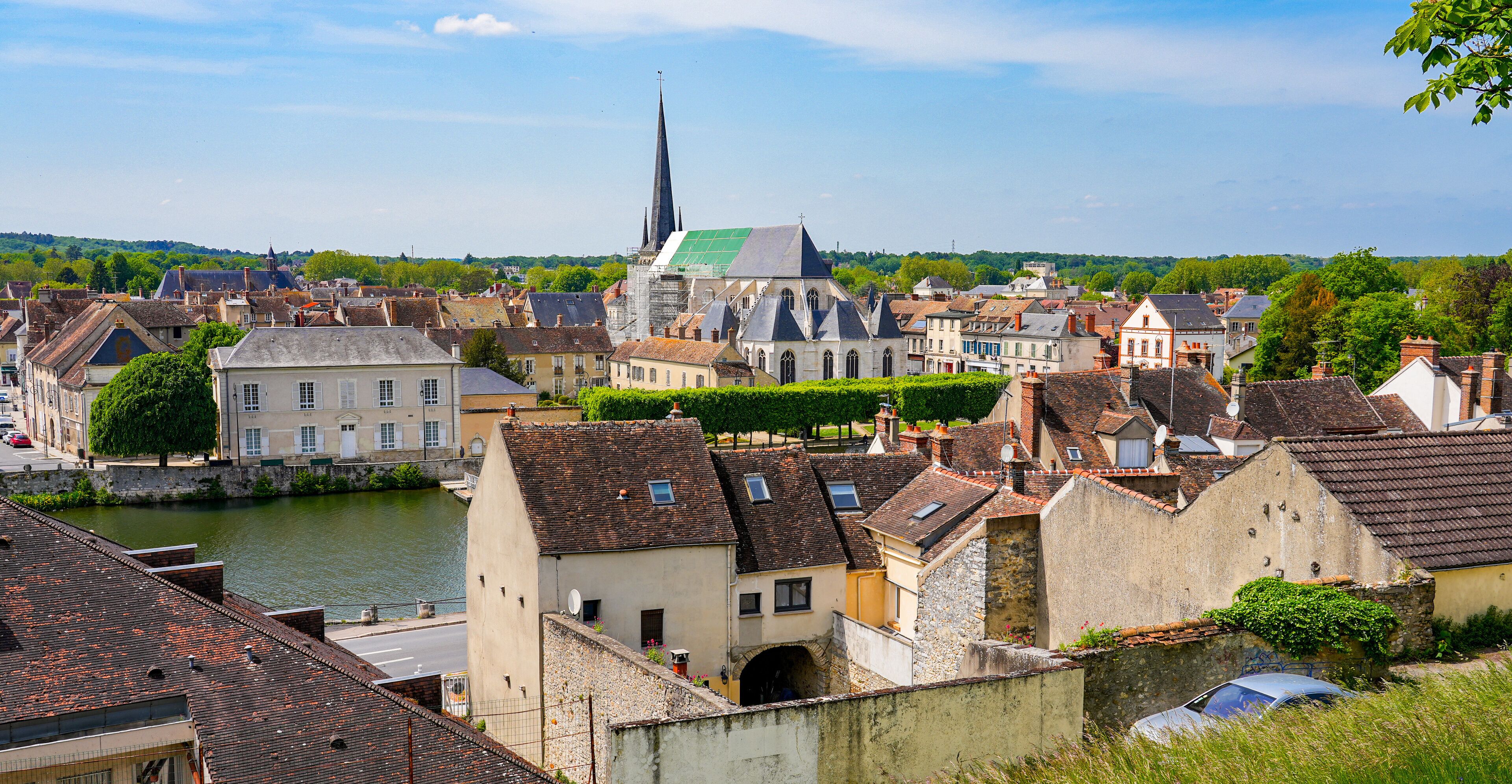 View of the church of Saint John the Baptist in Nemours, a small town in the south of the Seine et Marne department in Paris region, France