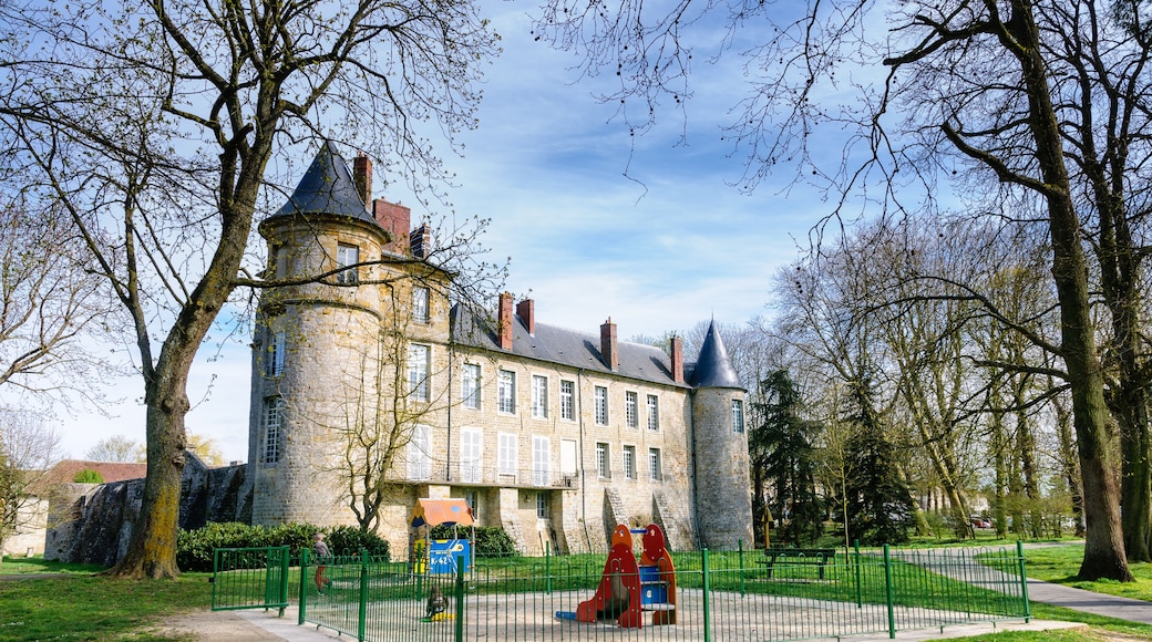 A castle-like building with a tower, surrounded by a green park and trees.