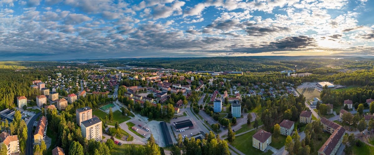 An aerial view of a town surrounded by dense forests, with a mix of residential and commercial buildings.