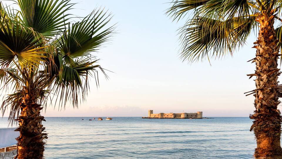 A coastal scene with palm trees, calm sea, and a historic fort.