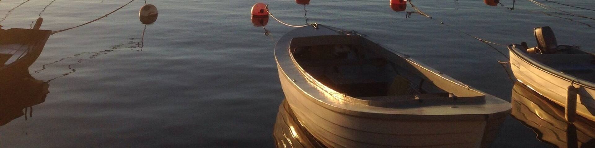 A calm harbor with boats docked and buoys floating on the water.