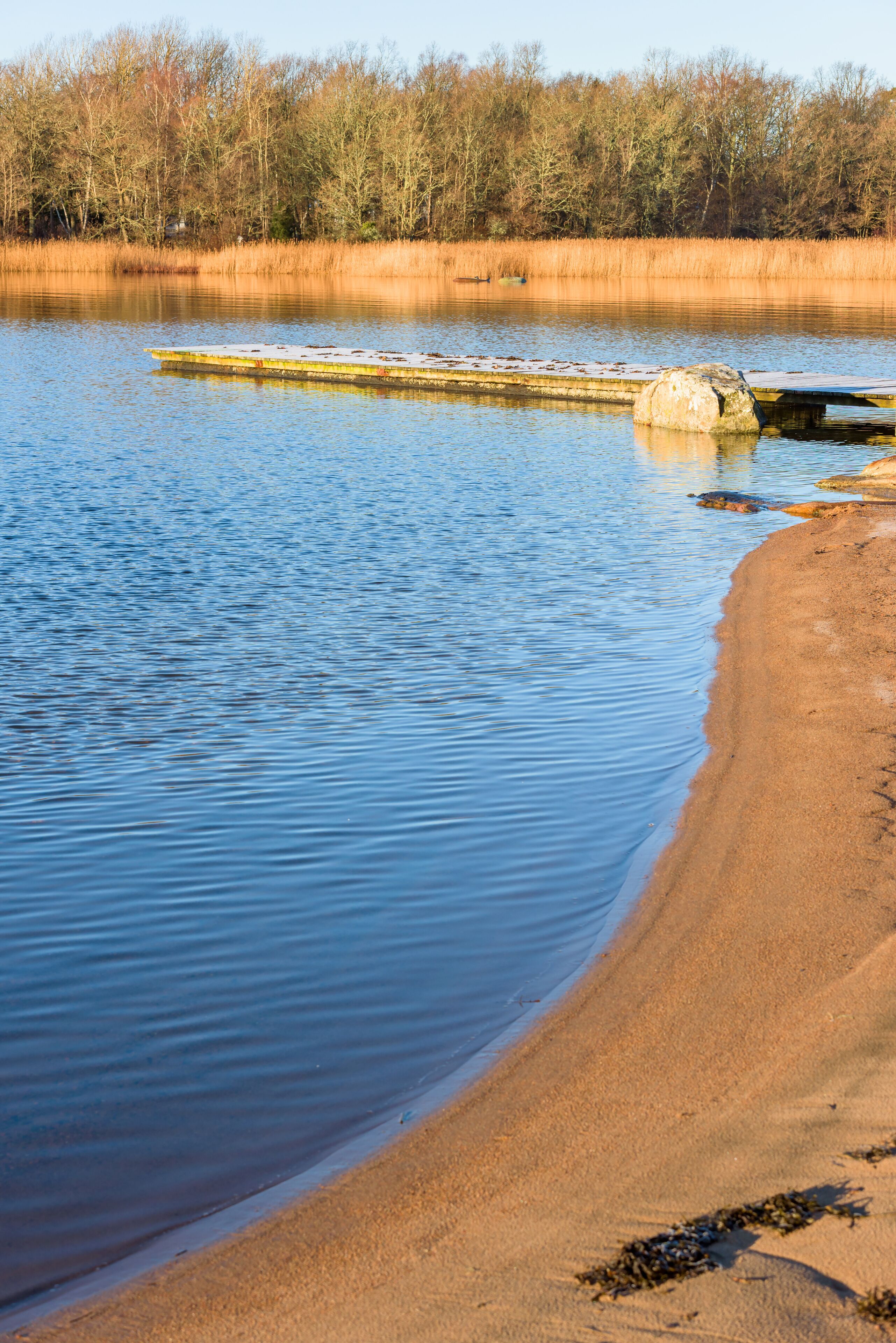 Sandy beach with wooden pier and granite boulder in the water. Location Nattraby, Karlskrona, Sweden.