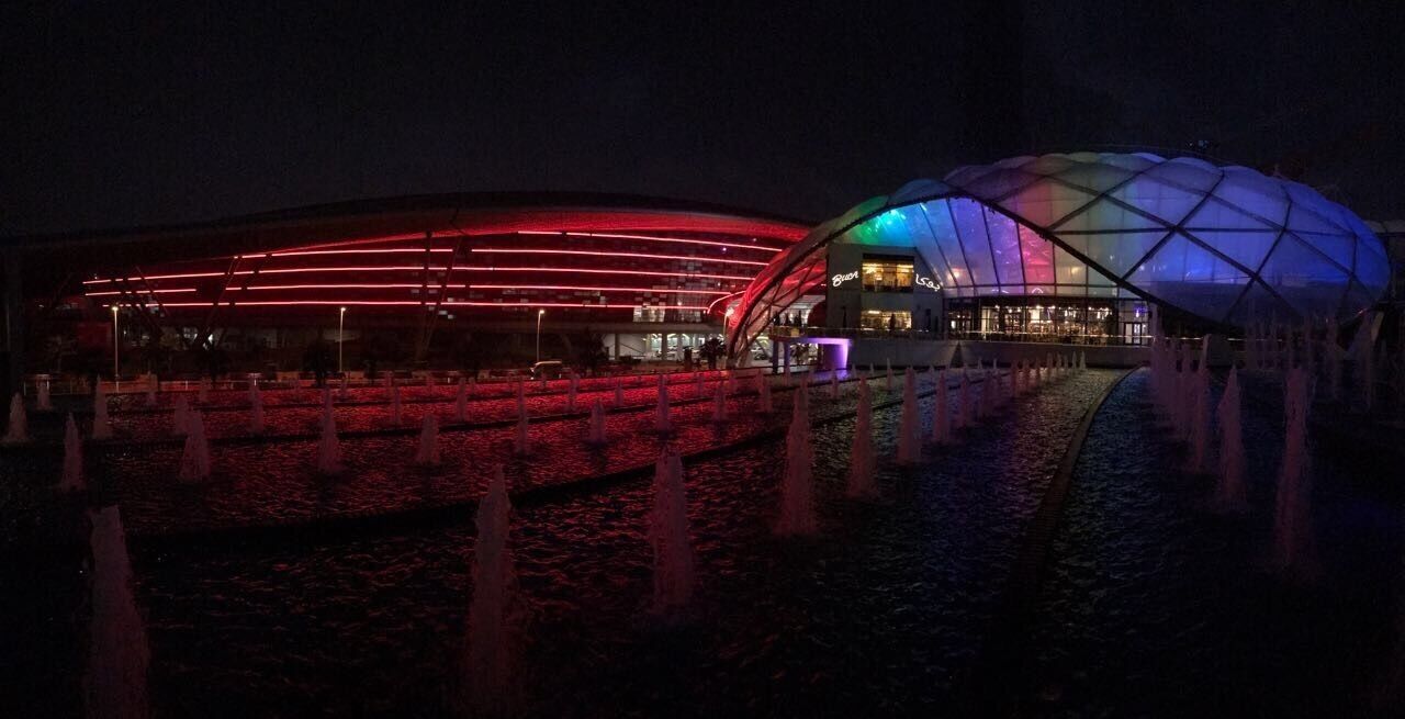 Beautiful lighting. A view from food court area near the fountain at Yas Mall 