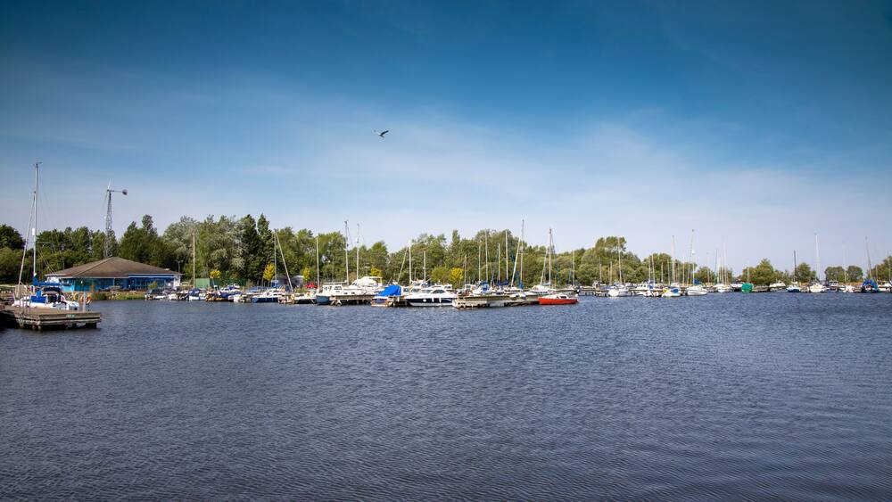 A marina with various boats docked, a clear blue sky, and a building in the background.
