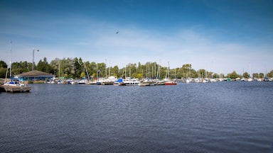 View of boats moored at Kinnego marina on Lough Neagh on a warm sunny spring day