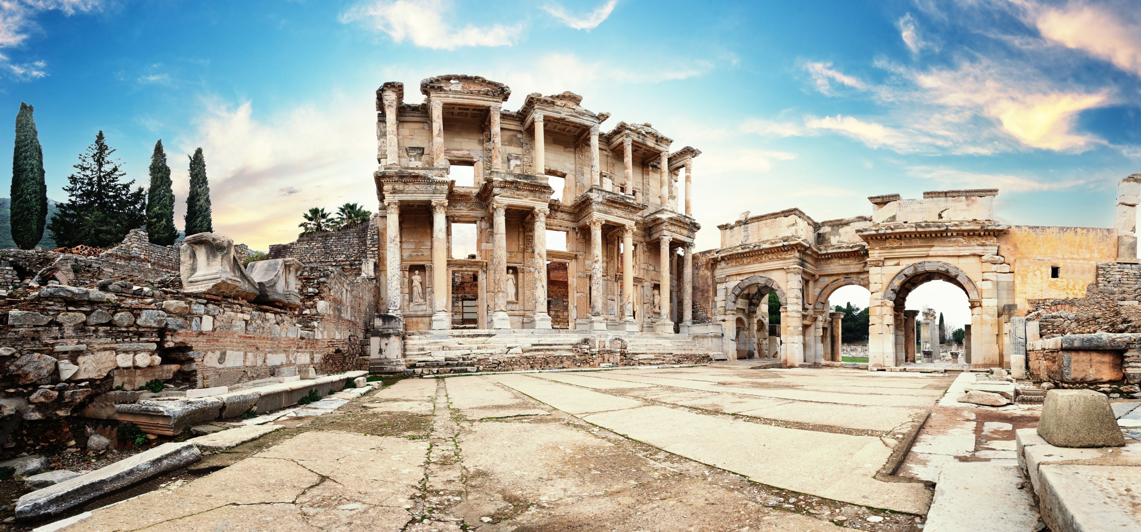 Panorama of ruins of library of Celsus in Ephesus in afternoon