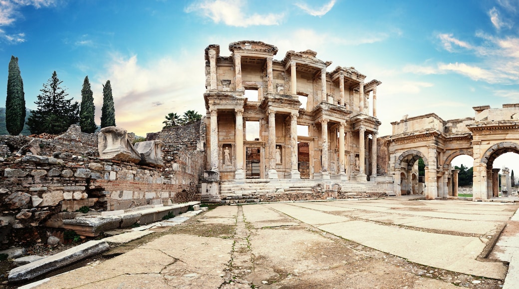 Panorama of ruins of library of Celsus in Ephesus in afternoon