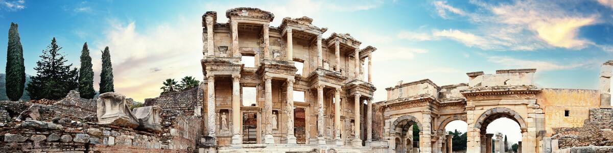 Panorama of ruins of library of Celsus in Ephesus in afternoon