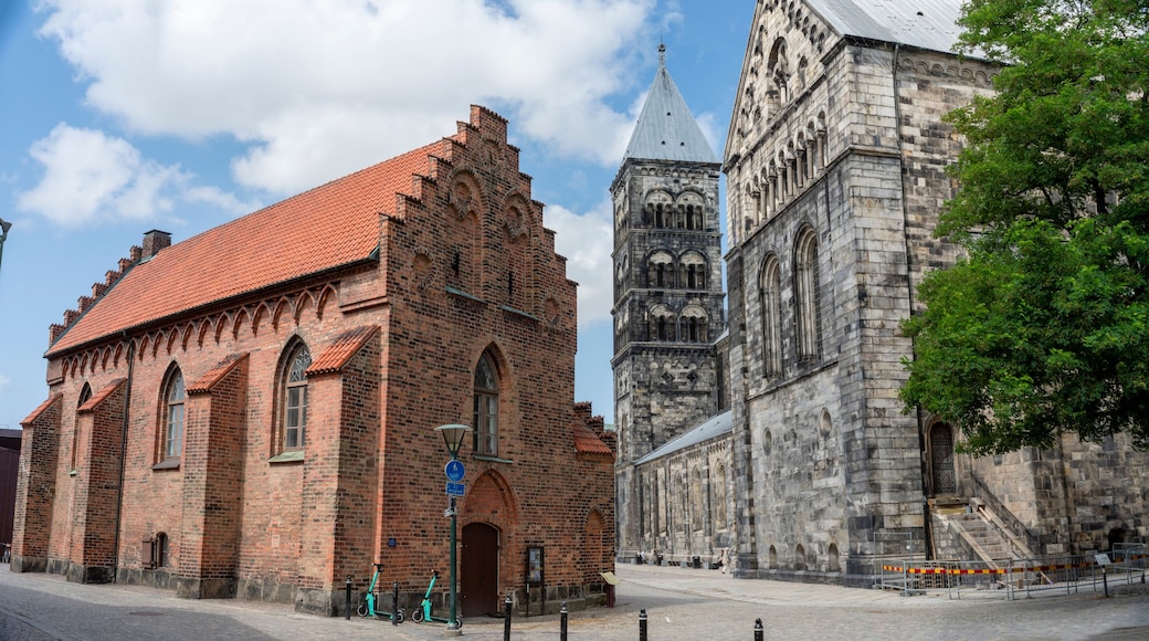 Lund Cathedral and Liberiet building in central Lund on summer day, Sweden, south of Lund Cathedral in Skane.