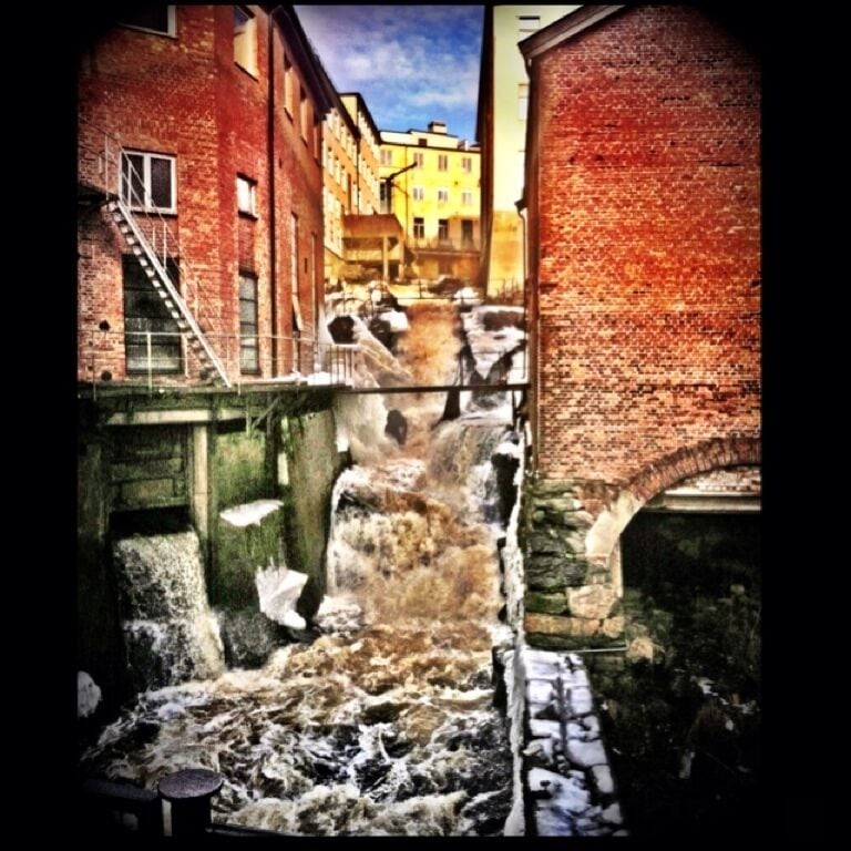 Mölndals kvarnby in the heart of the old Mölndal. The waterfalls finding it's way down between the crowded industrial buildings is a spectacular view. Go here after nightfall and it will be lit by lamps and give a magical impression!