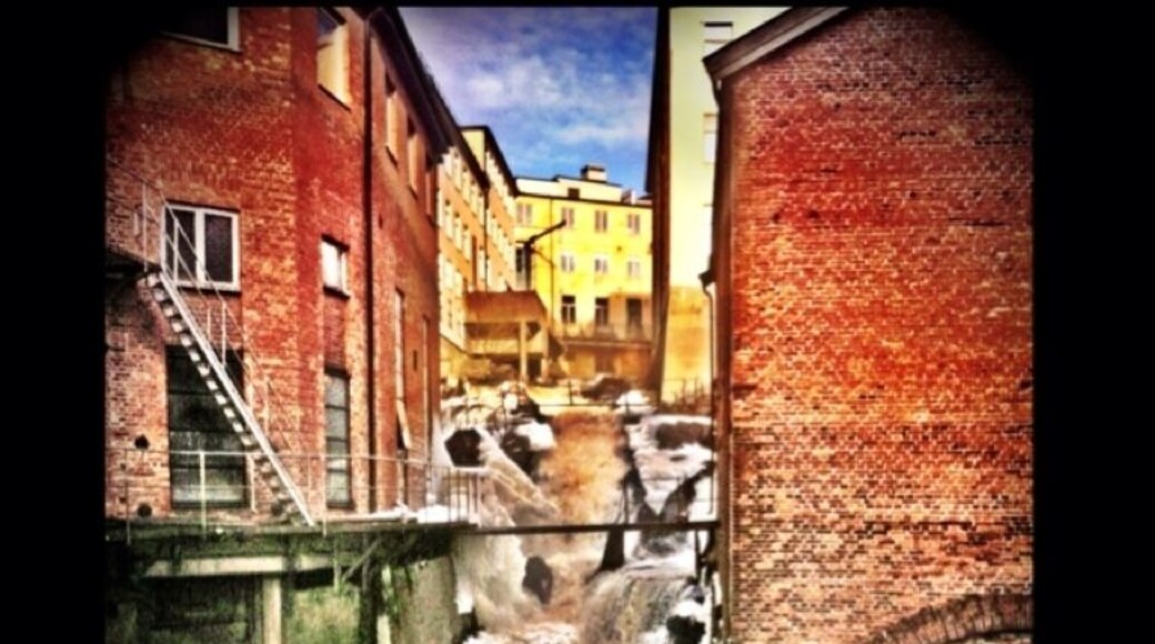 Mölndals kvarnby in the heart of the old Mölndal. The waterfalls finding it's way down between the crowded industrial buildings is a spectacular view. Go here after nightfall and it will be lit by lamps and give a magical impression!