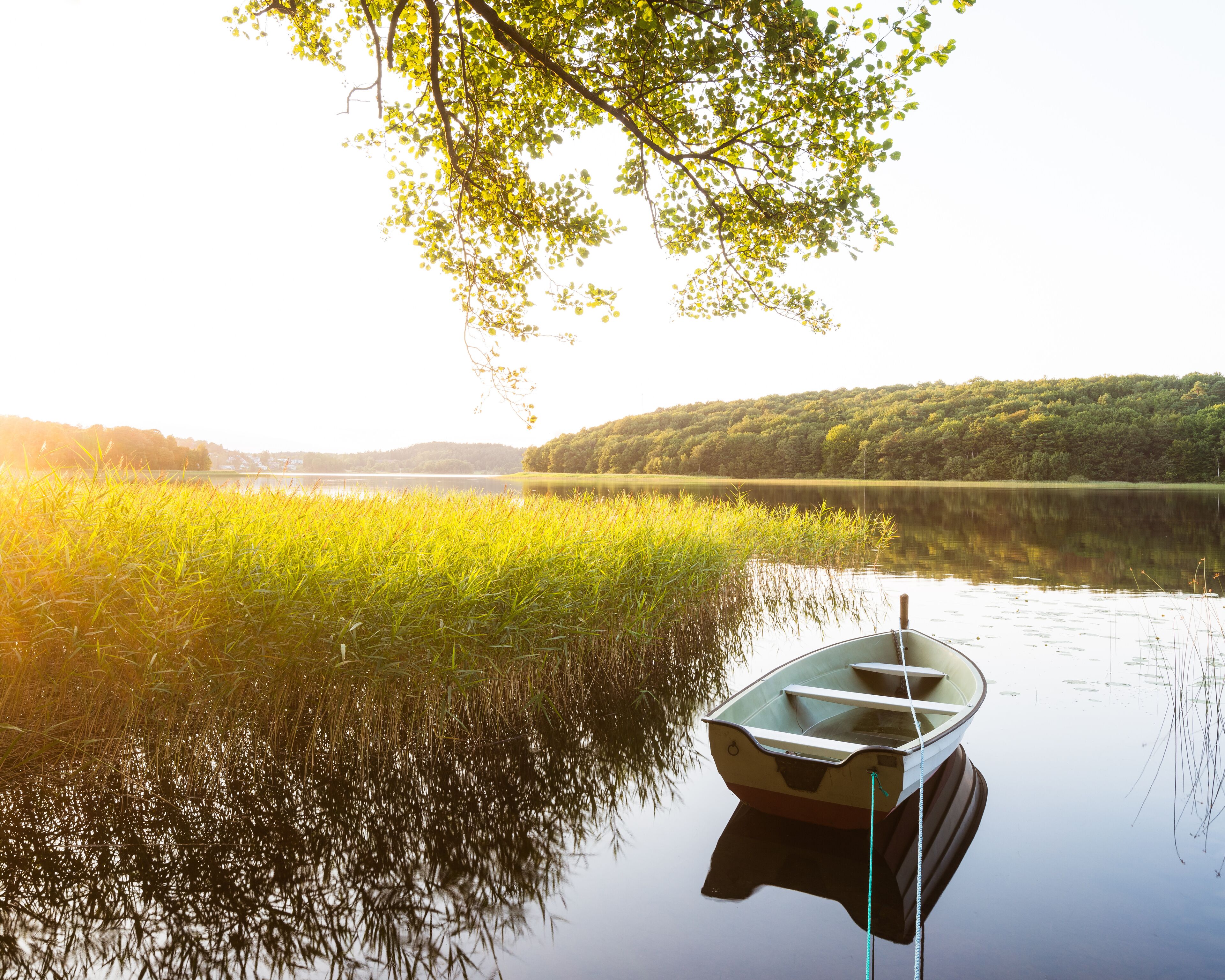 Moored boat reflection on calm lake on a summer day. Mölndal, Sweden.