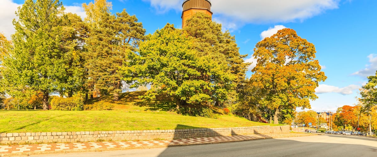 Gamla Vattentornet, Skolgatan 13, Säffle, Sweden, October 5, 2019: 45 meter high water tower of Säffle designed by architect Ivar Justus Tengbom surrounded with trees in autumn colors