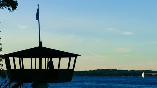 Stockholm, Sweden A man stands in a small lookout platform in the suburb of Saltsjobaden looking out over the bay.