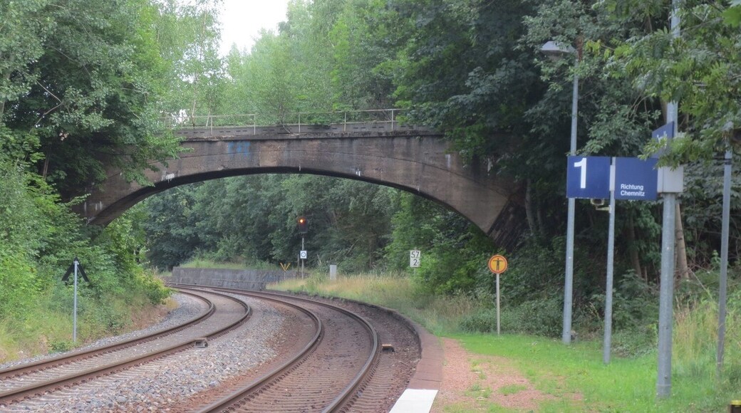 Haltepunkt Chemnitz-Borna in Chemnitz-Borna-Heinersdorf, Haltepunkt für Regionalzüge Chemnitz-Burgstädt. Gelegen an der Bahnstrecke Neukieritzsch–Chemnitz, die Teil der Bahnverbindung zwischen Chemnitz und Leipzig ist. Fernzüge halten hier nicht. Auf der im Bild ersichtlichen Brücke wurde einst die zwischenzeitlich stillgelegte Bahnstrecke Küchwald–Obergrüna überführt.