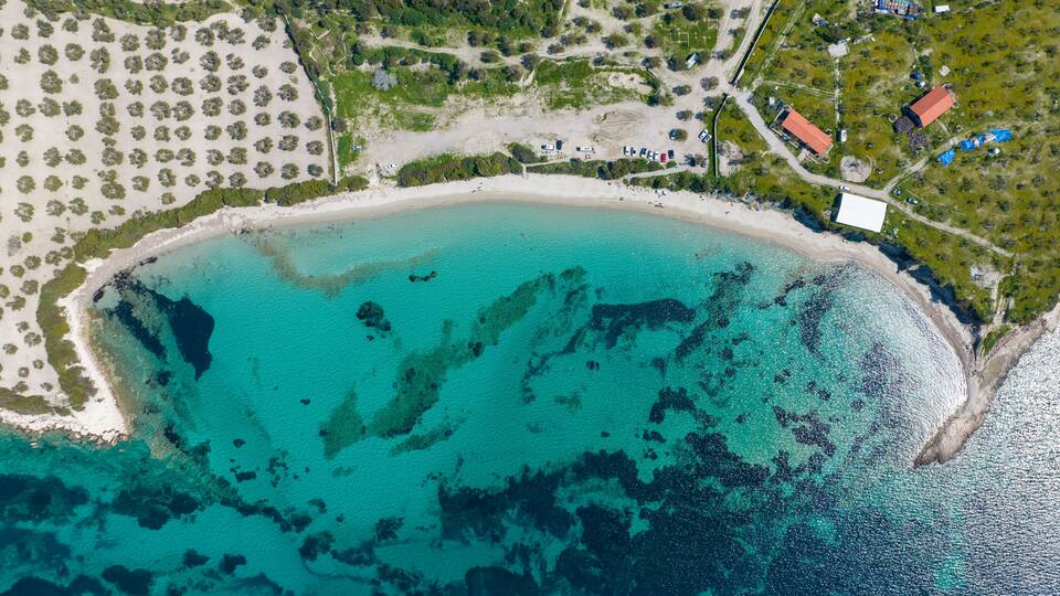 An aerial view of a coastal area with a sandy beach, clear turquoise waters, and scattered vegetation.
