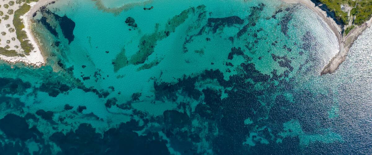 An aerial view of a coastal area with a sandy beach, clear turquoise waters, and scattered vegetation.