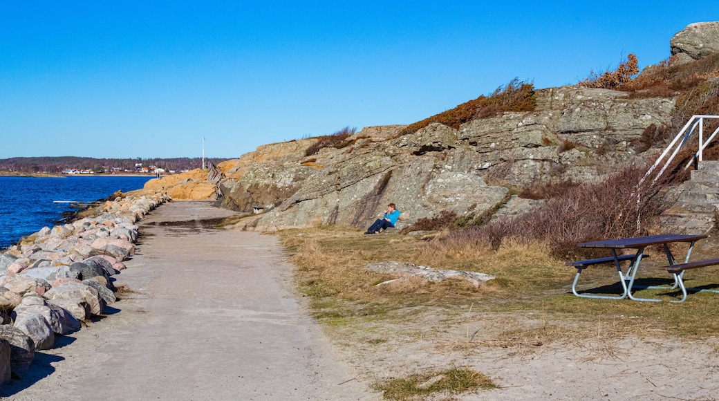 En kuststig med en klippig brant, en bänk och en klarblå himmel.