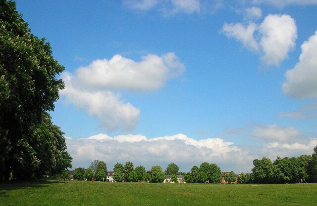 A grassy field with a clear blue sky and scattered clouds.