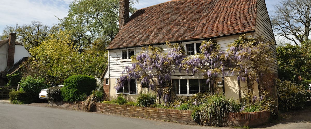 A traditional house with a brick roof and white walls, surrounded by lush greenery and purple flowering vines.