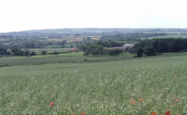 View from the North Downs Way, near Charing. The buildings in the middle distance are part of Acton Farm and are within the gridsquare. The fields in the foreground are on the lower part of the North Downs escarpment and are typical of the gridsquare. The hills in the background are the Lower Greensand ridge.